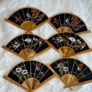 Chinese Fan Wall Decor Hanging Vintage Silk Bamboo